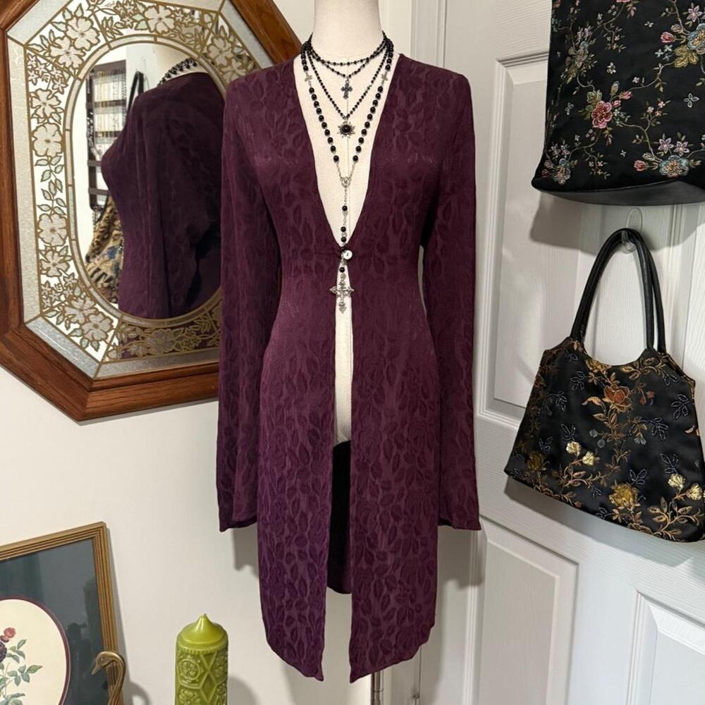 VTG 90s Express Burgundy Botanical Leaf Long Bell Sleeve Whimsy Duster Cardigan